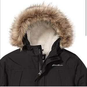 Eddie Bauer Black Down Filled Hooded Fur Coat